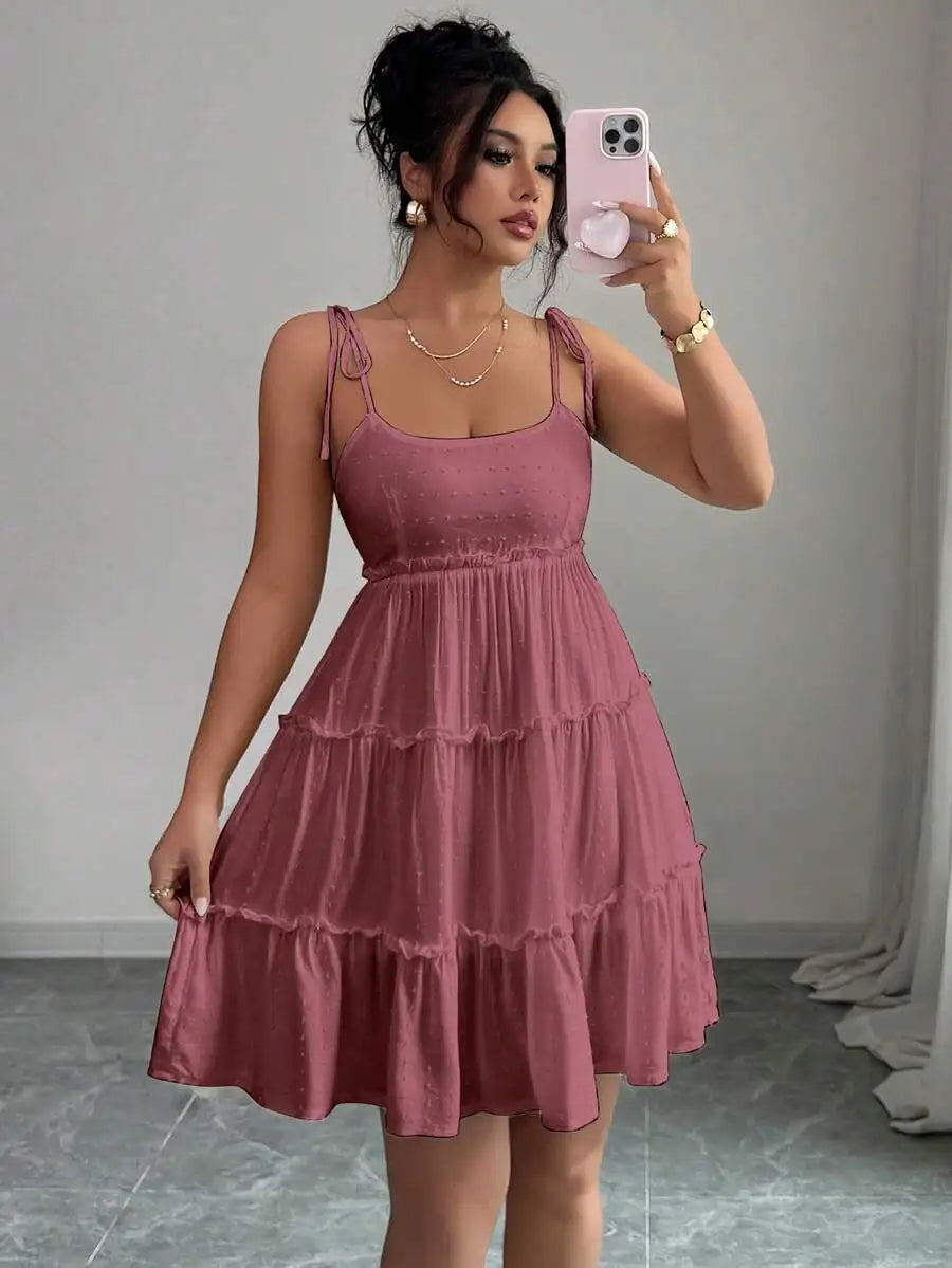White Swiss Dot Tiered Ruffle Cami Dress for Summer Vacation