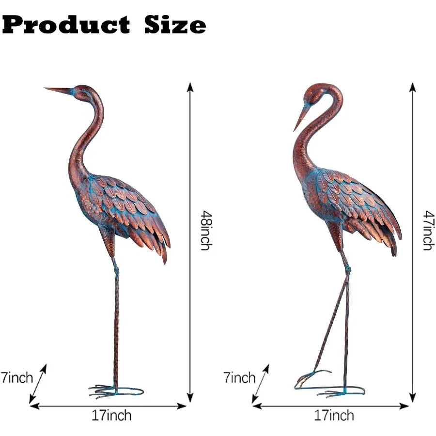 Garden Crane Statues Patina Heron Decoy Standing Metal Crane Sculptures Bird Yard Art for Outdoor Decor 47-48 Inch Set of 2