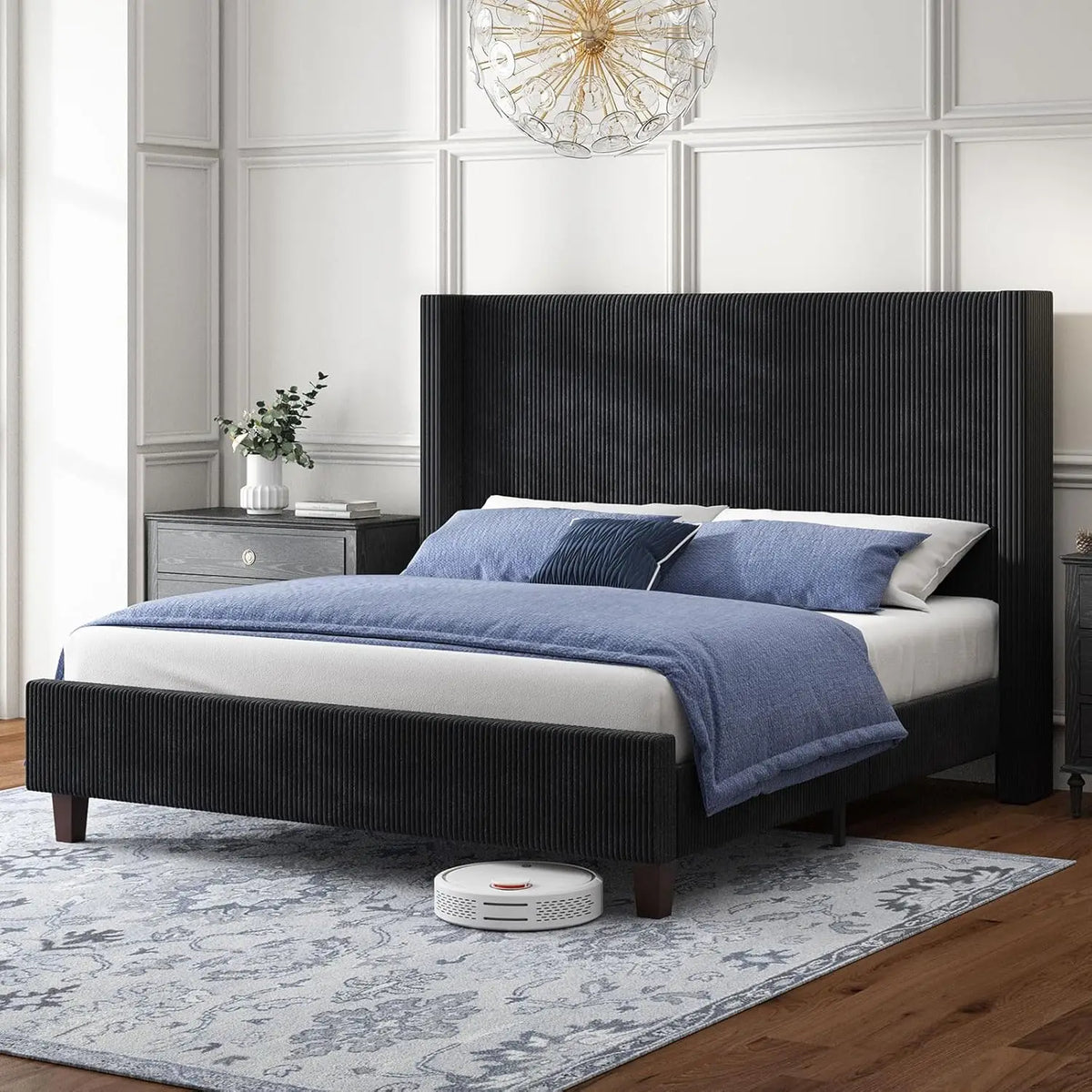 King Size Upholstered Platform Bed Frame, Wingback Bed With 50.8" Headboard, Corduroy/Solid Wood Leg/No, Customized