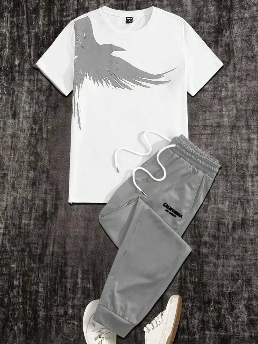 Men's 2-Piece Casual Set: White Short Sleeve Tee with Bird Graphic + Olive Drawstring Joggers