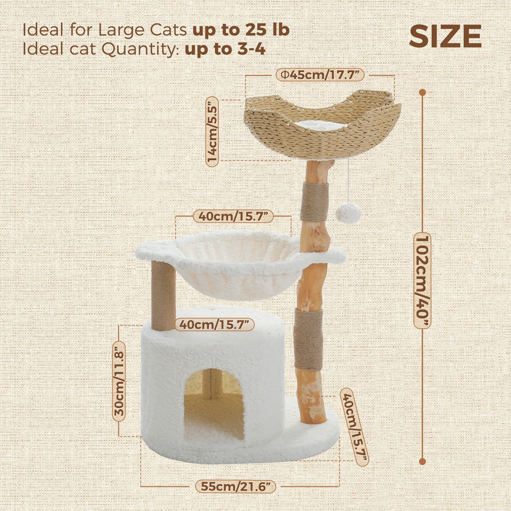 Modern Cat Tree, Natural Wood Cat Tower with Large Wicker Basket, Spacious Condo, Deep Hammock, Luxury Cat House Bed for Indoor