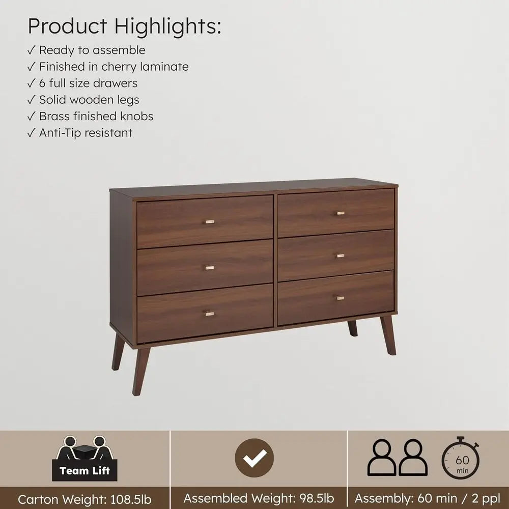 6 Drawer Double Dresser with Wide Chest, Contemporary Bedroom Furniture, Cherry Finish