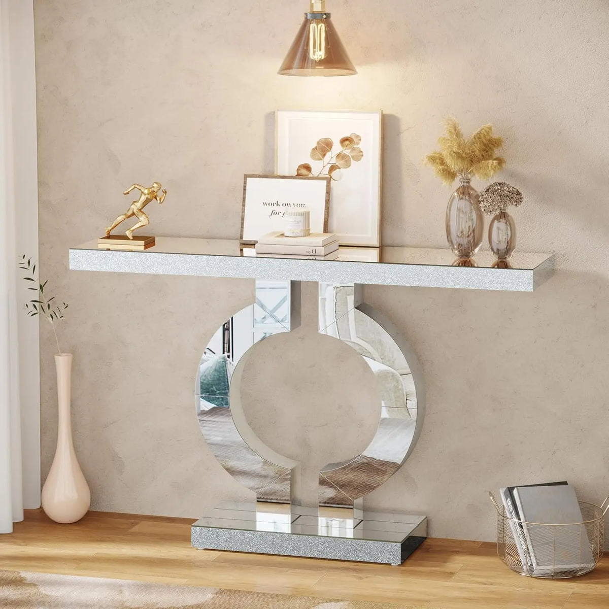 Tribesigns 43-Inch Modern Mirrored Console Table, Glass Sofa Table with Mirror Finish, Entryway Table with O-Shaped Base, Rectan