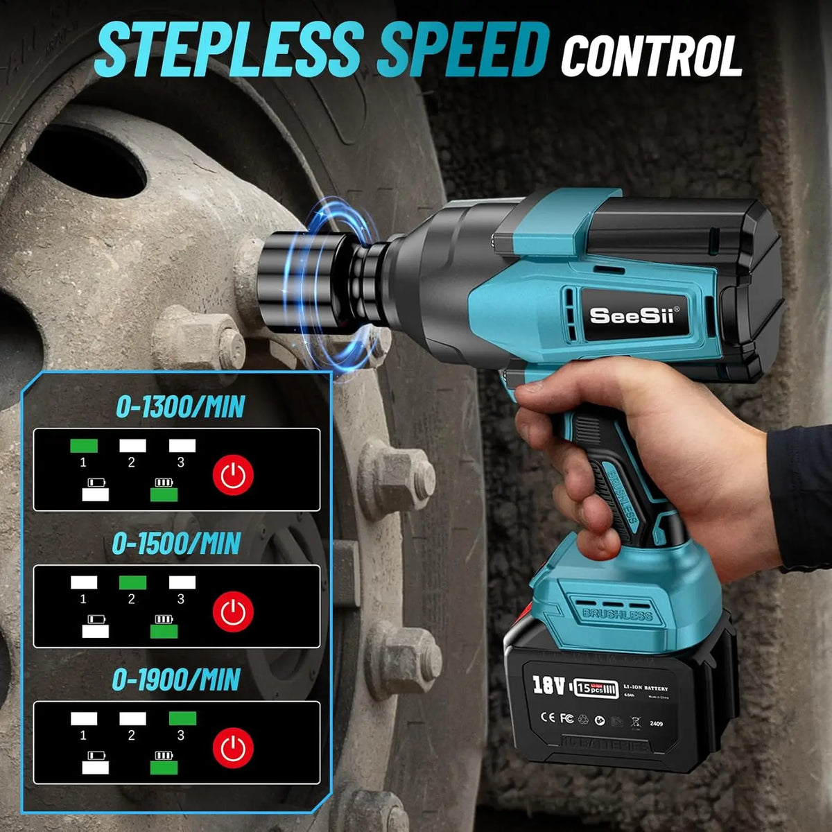 SEESII Cordless Electric Impact Wrench 2000Nm High Torque Brushless Power Impact Gun 3/4" Car Repair For Makita 2x 6.0Ah Battery