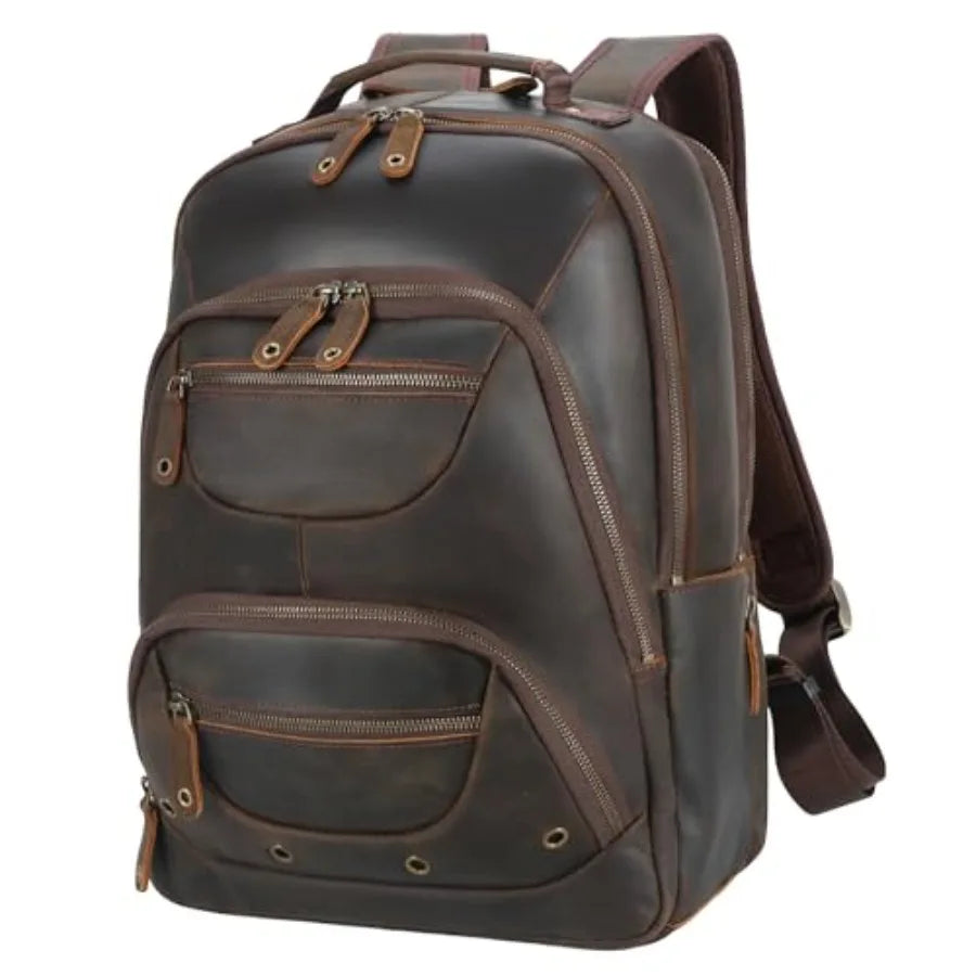 Leather Laptop Travel Backpack for Men Fits 15.6 16 Computer Large Business Work Bag Vintage Overnight Weekender Daypack Campin