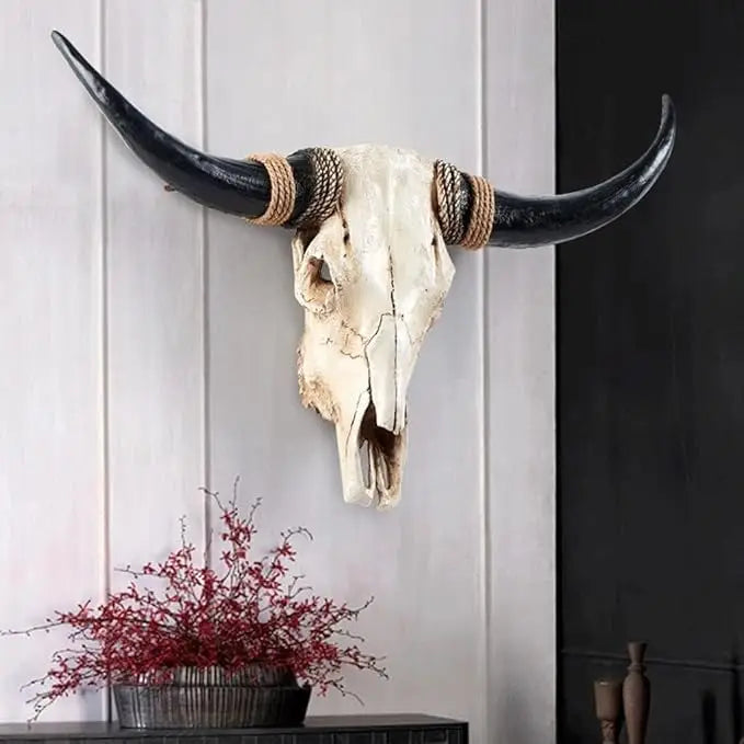 Resin Longhorn Cow Skull Head Wall Decorations Ornament 3D Animal Figurines Crafts Retro Bull Skull Crafts Bar Home Decoration
