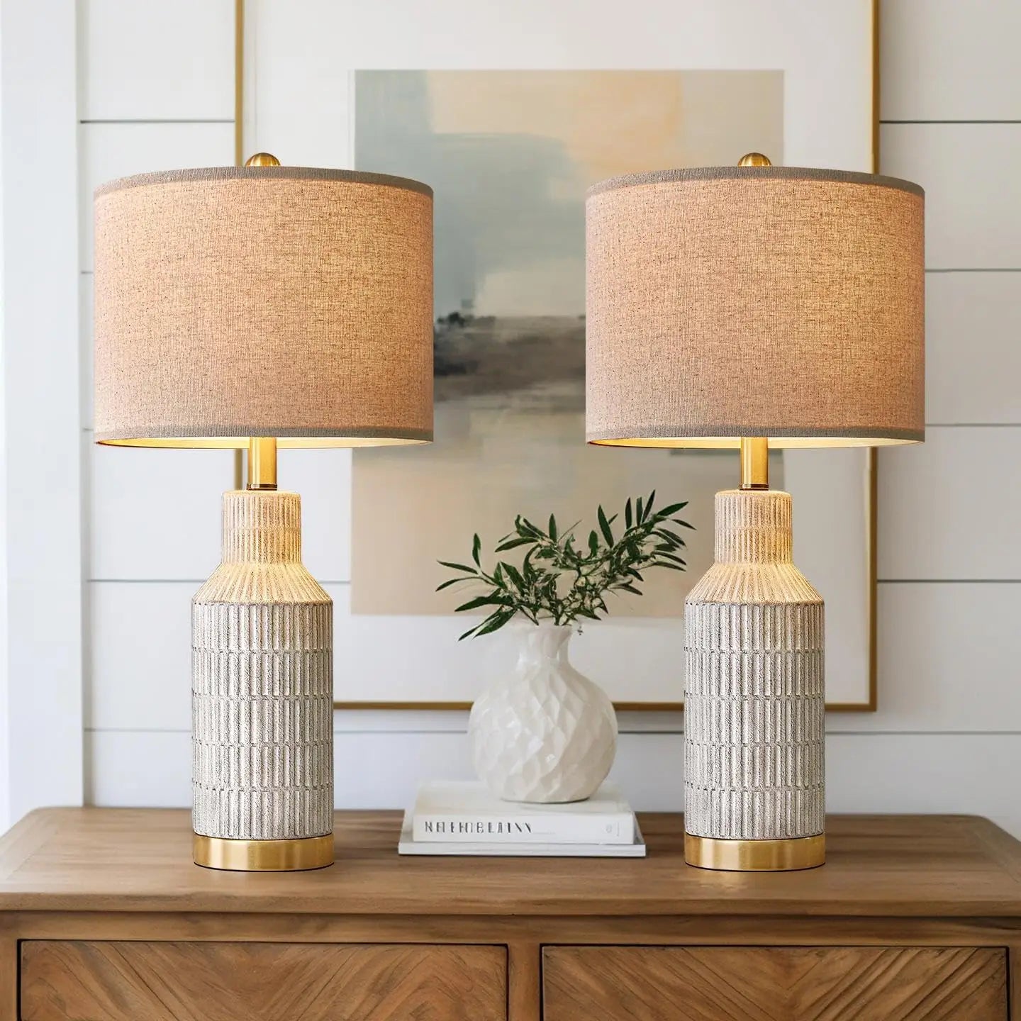 Modern Ceramic Table Lamps Set of 2 - White Washed Finish with Gold Base - 25" Height for Bedroom & Living Room