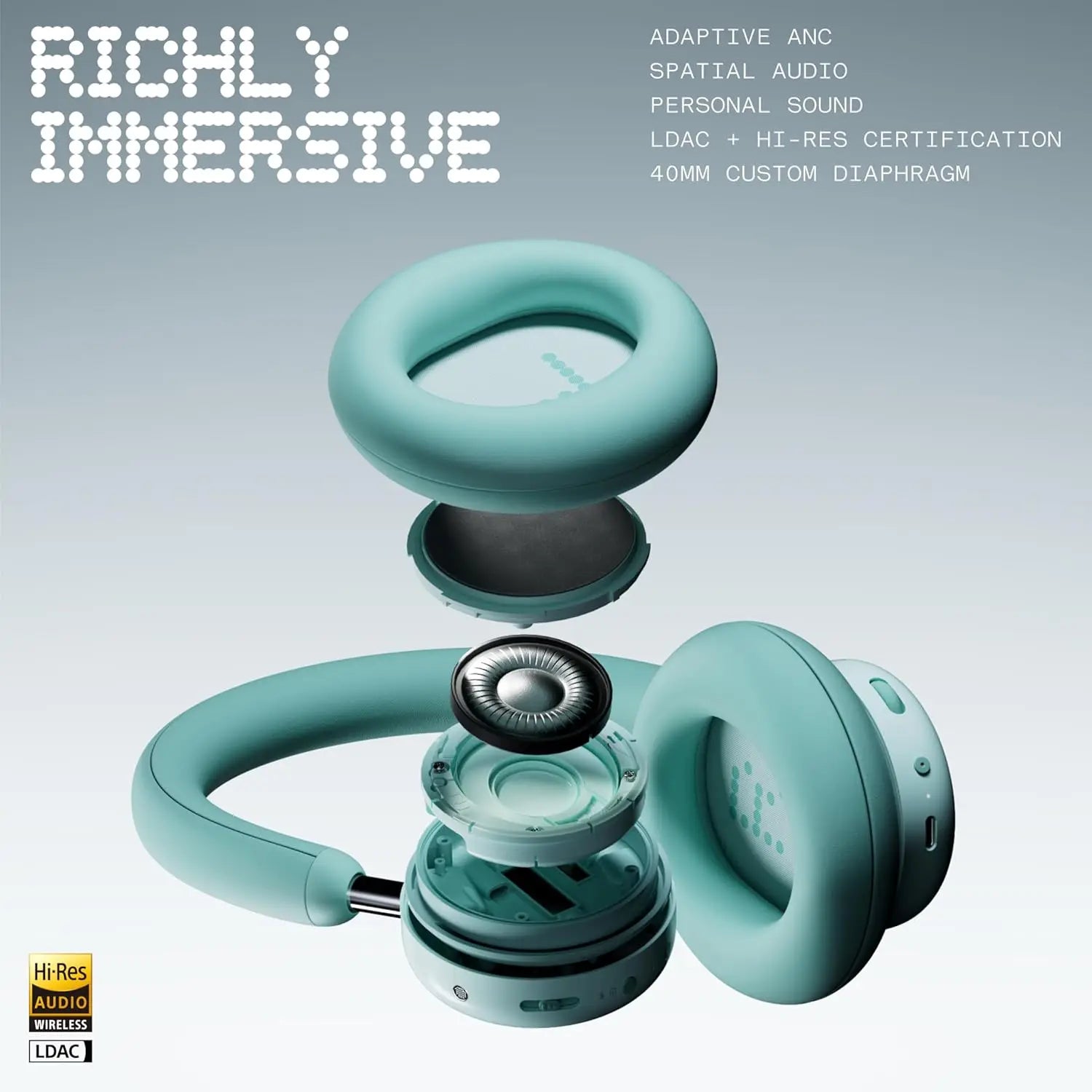 Active Noise Canceling Wireless Headphones with 50H Playtime, Bass Slider, Custom EQ, LDAC Audio in Dark Grey