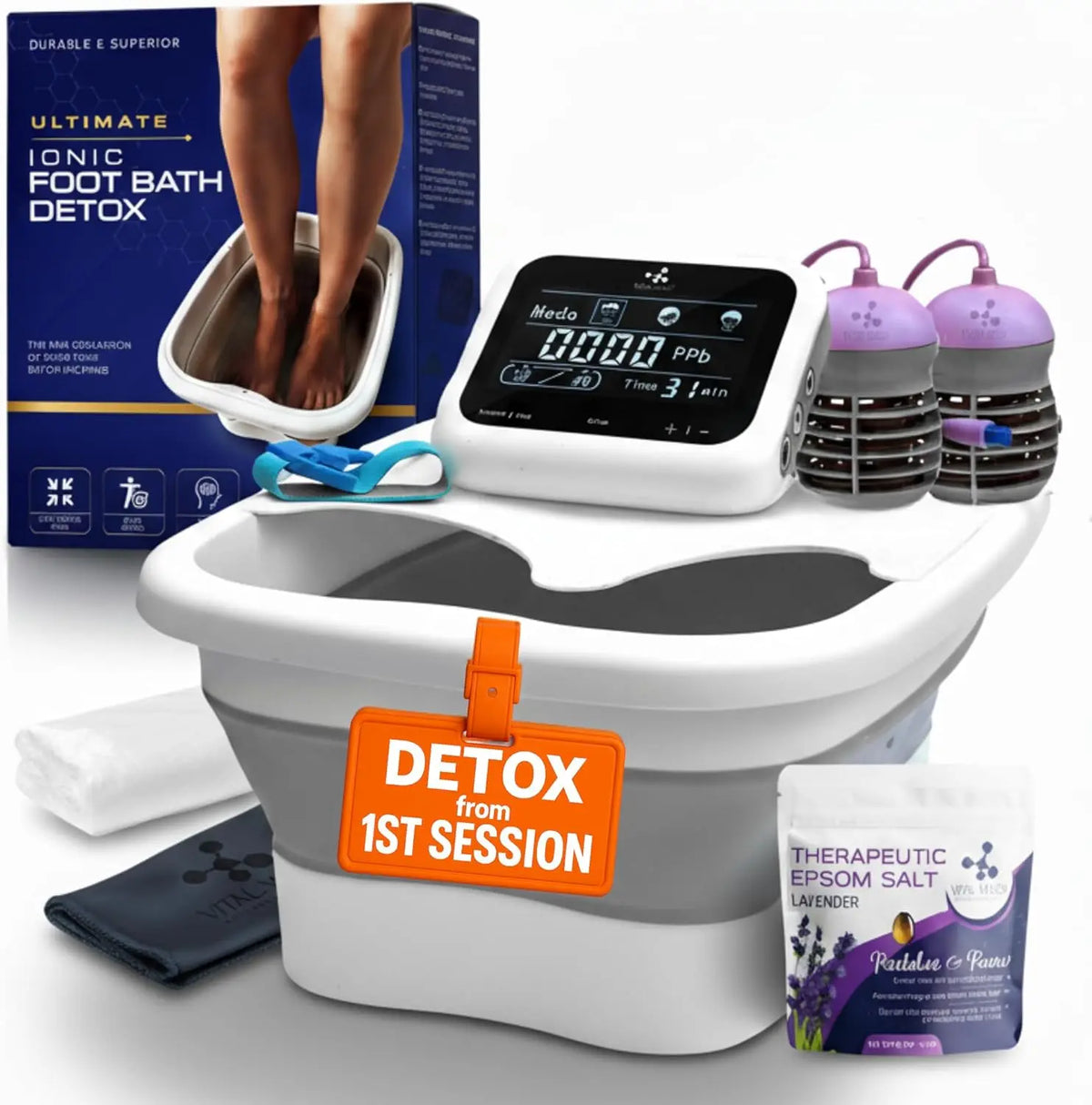 Ionic Foot Bath Detox Machine with Touch Display, Collapsible Tub, Epsom Salt & Accessories for Home Spa