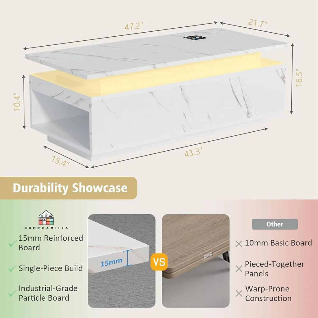LED Coffee Table with Wireless Charging & Bluetooth Speaker, White Marble Smart Center Table with Storage