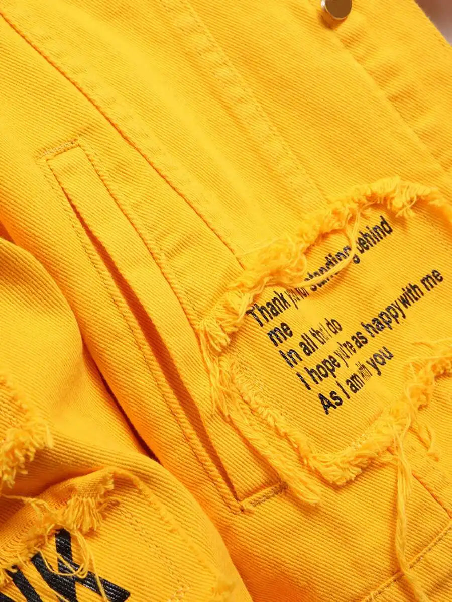 Men's Yellow Distressed Denim Jacket with Slogan Patches, Long Sleeve, Casual Fall Wear