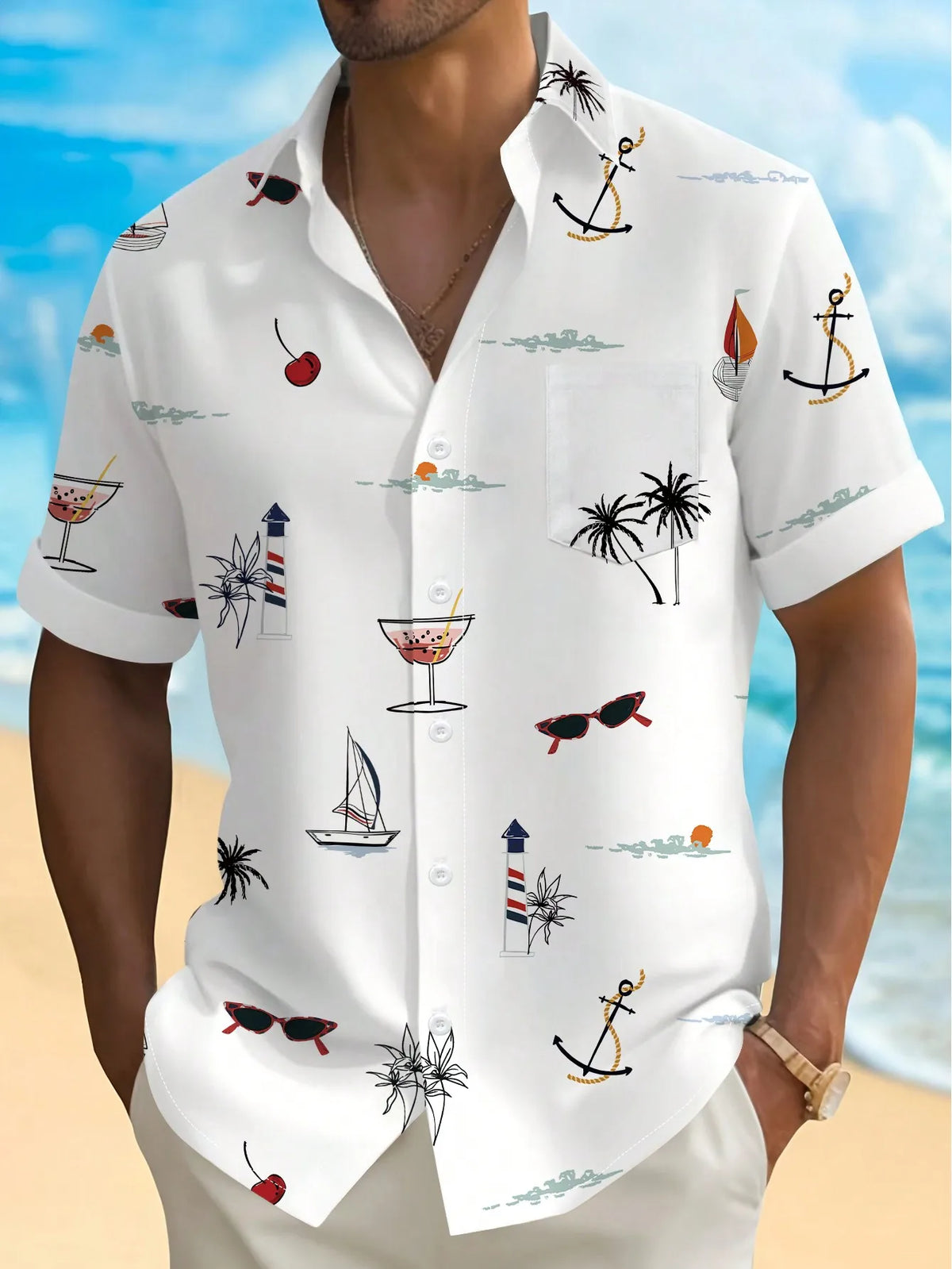 Men's Short Sleeve Button-Up Shirt with Nautical & Tropical Print, Casual Beach Style