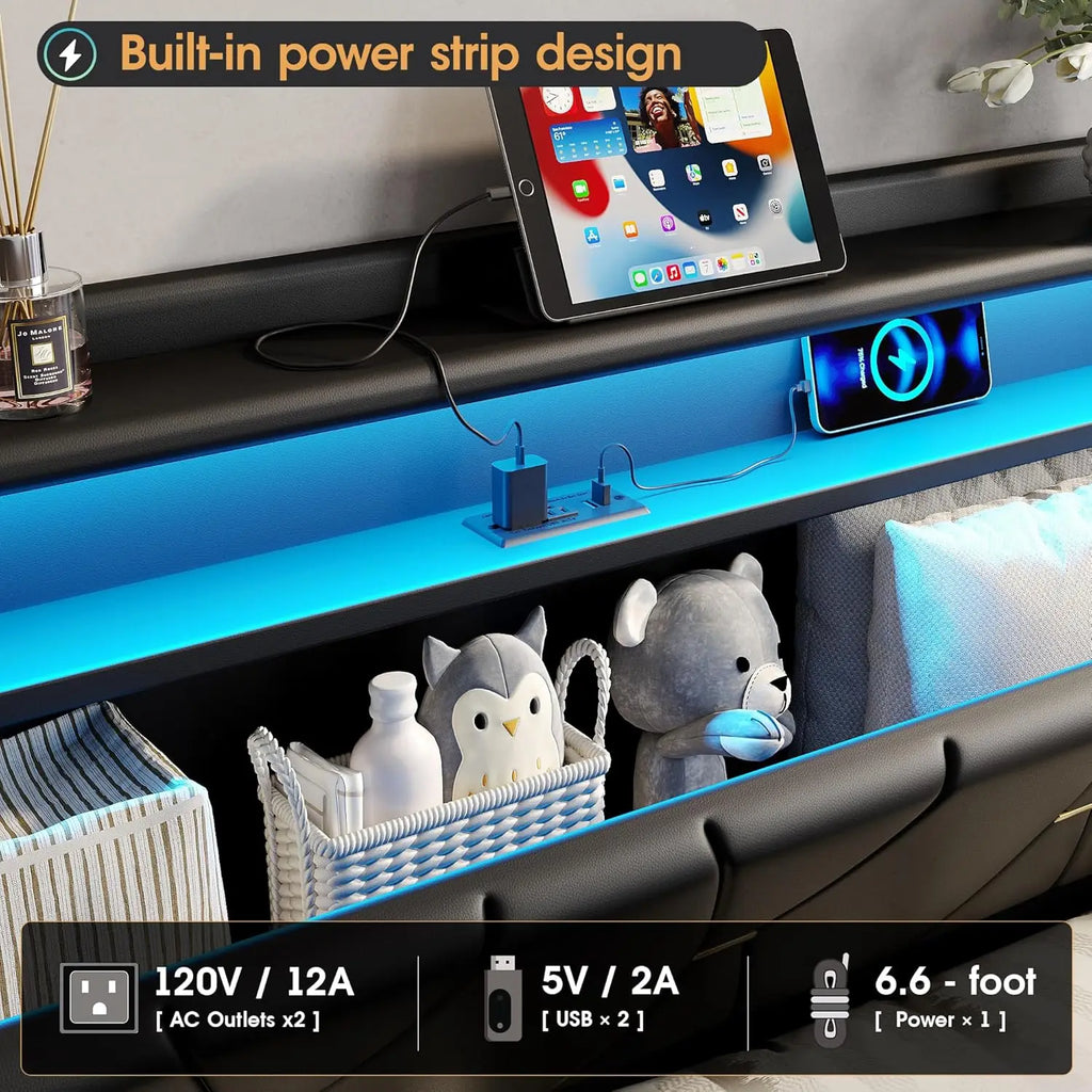 Queen Size Lift-Up Storage Bed Frame with LED Lights, Charging Station & Noise-Free Design