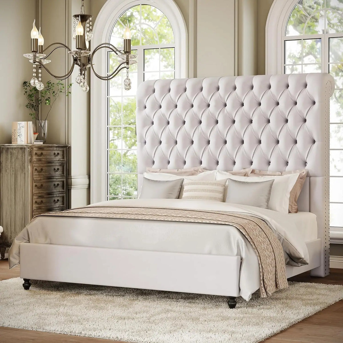 59" Tall Sleigh King Bed Frame Velvet Upholstered Deep-Tufted Solid Wood Legs No Box Spring, Customized