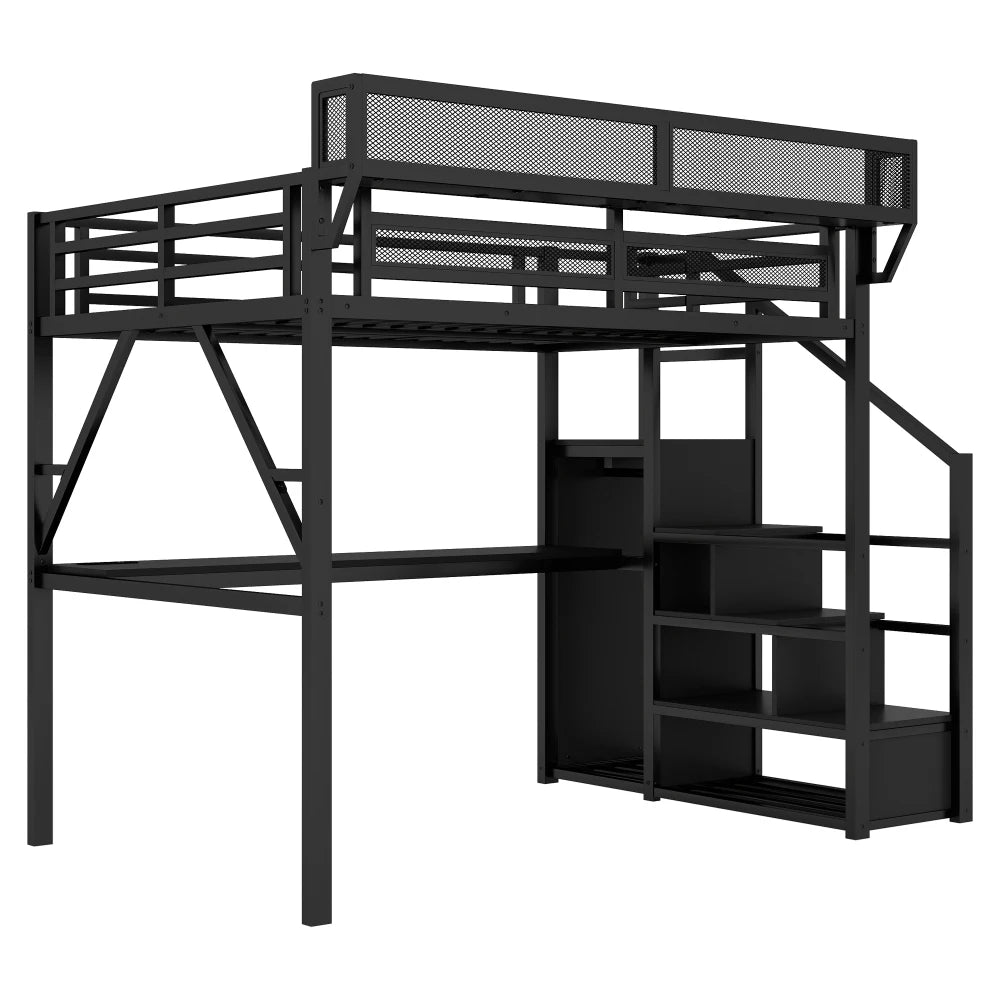 Queen Loft Bed with Desk and Charging Station, Queen Size Metal Loft Bed with Stairs and Light, Black