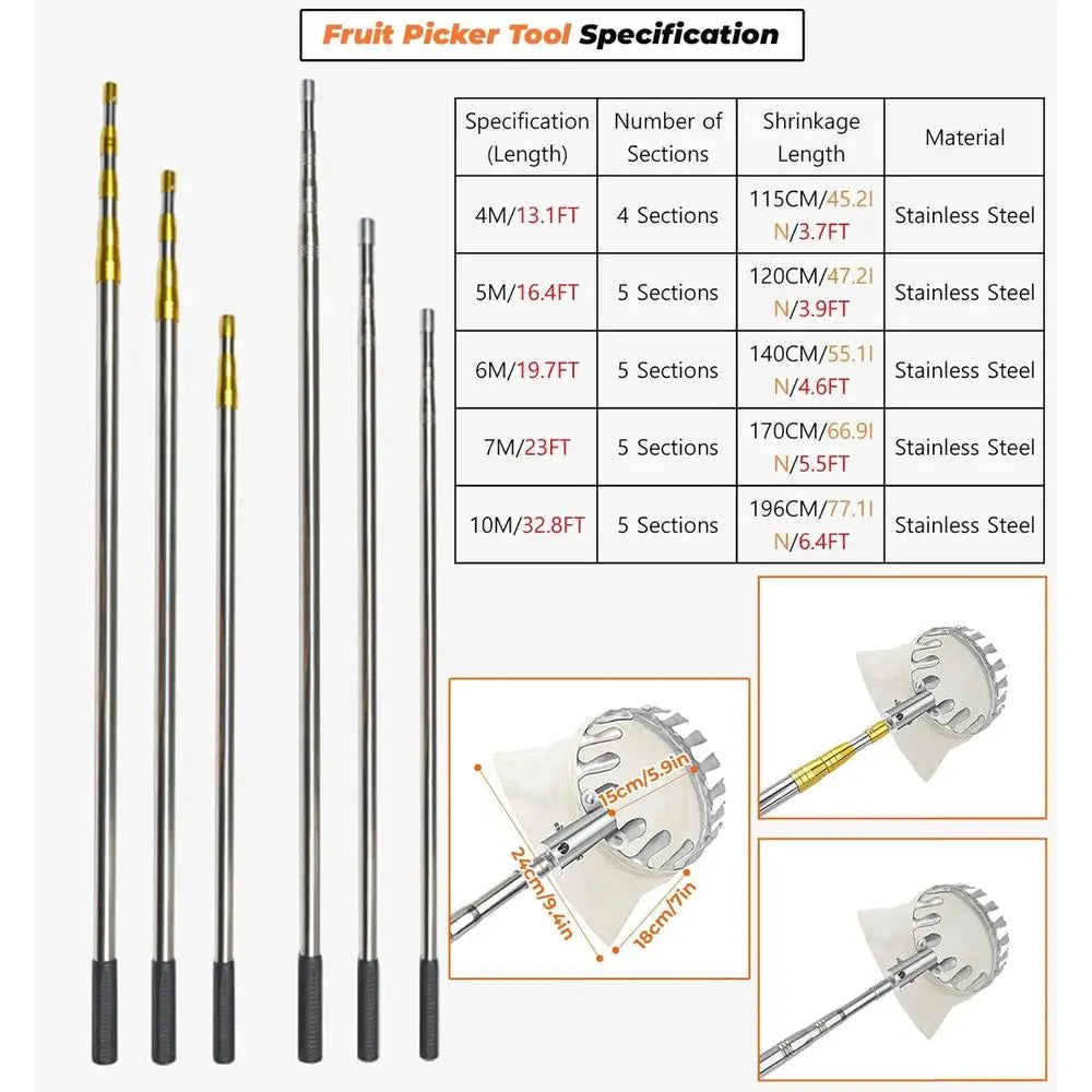 Telescoping Fruit Picker Pole with Basket, 13-33FT Adjustable, for Apples, Pears, Lemons, Coconuts, and More