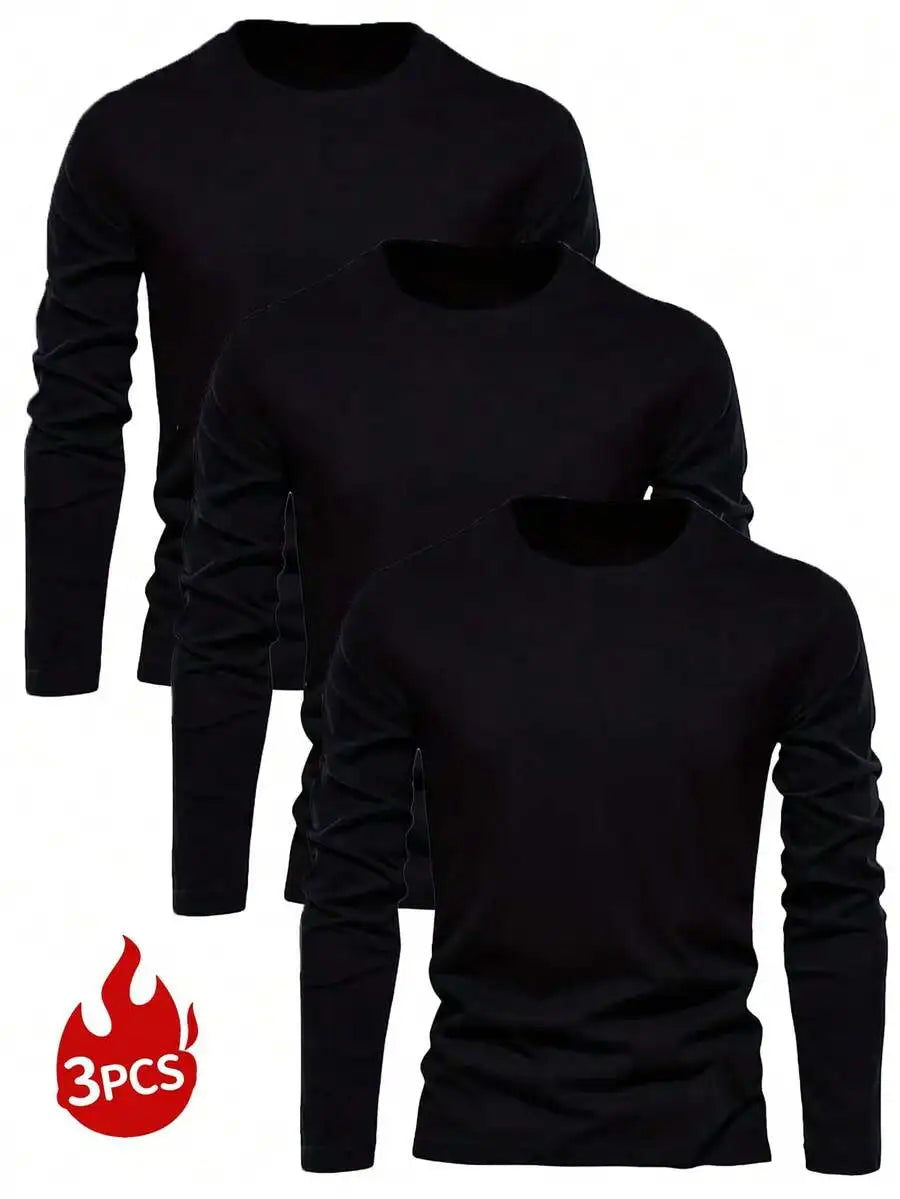 3-Pack Men's Solid Color Round Neck Slim Fit Long Sleeve T-Shirts for Casual Daily Wear