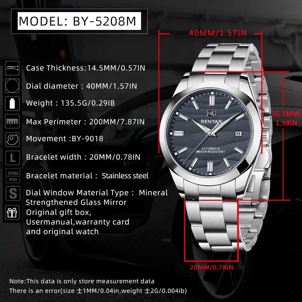 Benyar luxury brand sand particle size 40mm men's watch 316L stainless steel 5Bar waterproof men's automatic mechanical watch