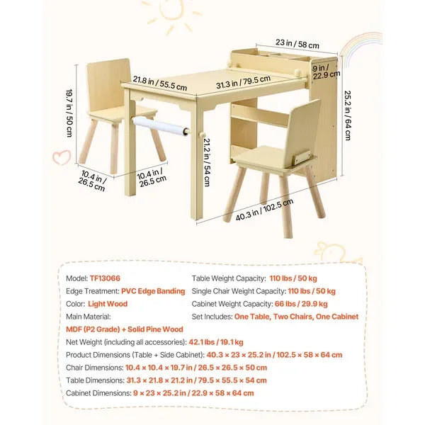 Kids Art Table and Chair Set, Toddler Craft Table with 3 Tiers Storage Cabinet, Wooden Kids Activity