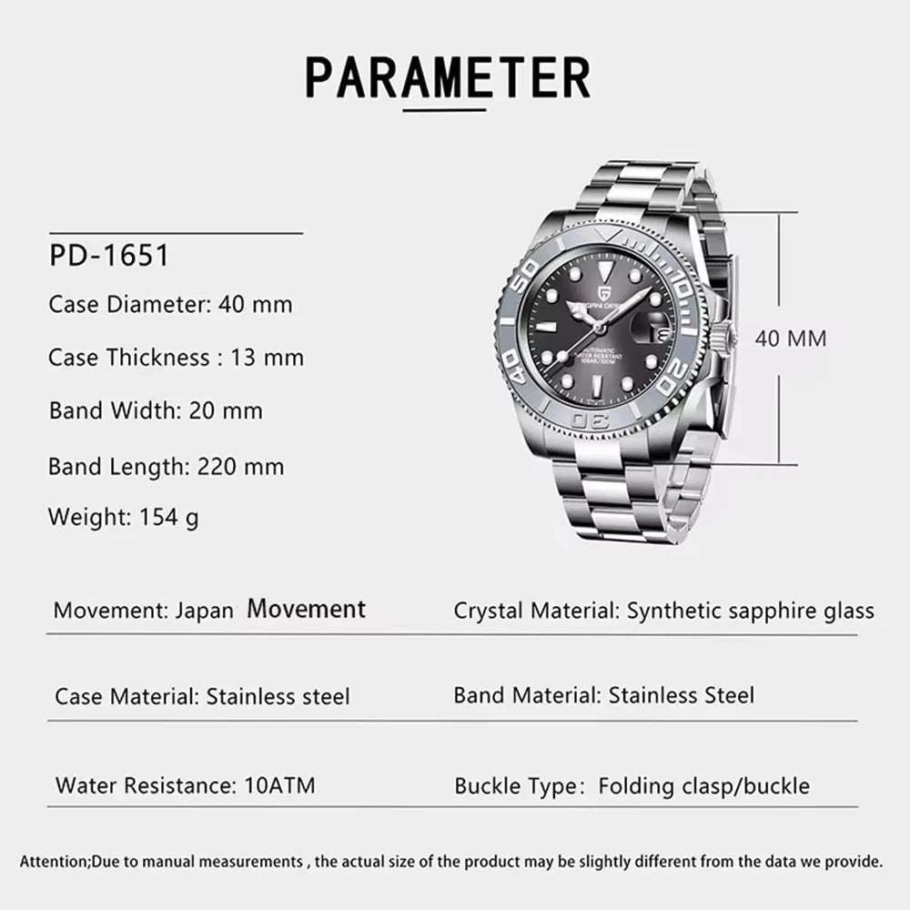 PAGANI DESIGN New 1651 Mechanical Watch 40mm Men Wristwatch Sapphire Glass Stainless Steel Waterproof Automatic Watches for Men