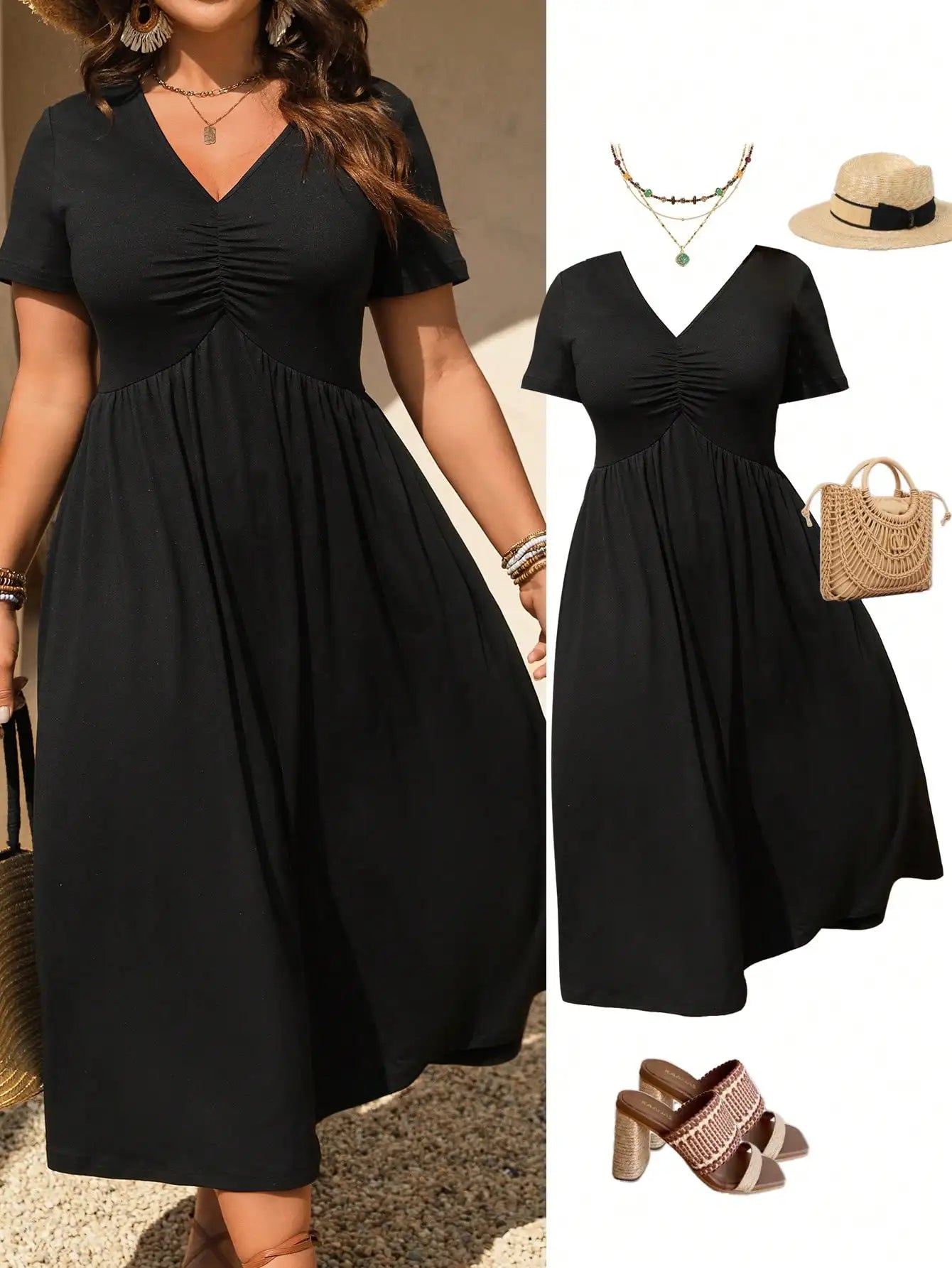 Black V-Neck Ruched Short Sleeve A-Line Midi Dress for Women