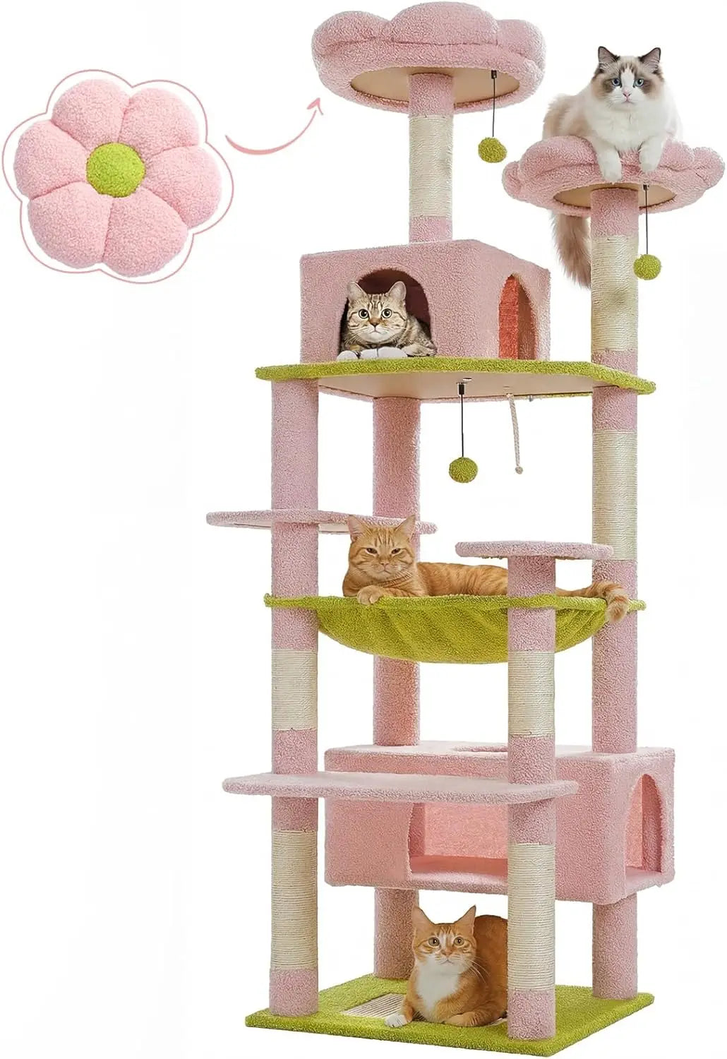72-Inch Large Cat Tree with Steel Frame Hammock, 7 Scratching Posts, 2 Condos, Perches for Indoor Cats - Pink