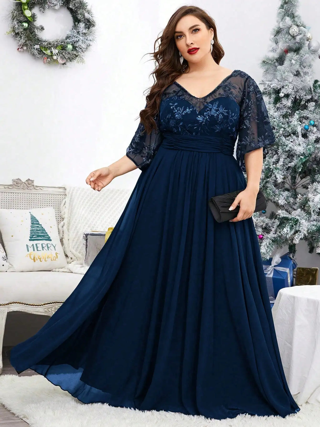 Plus Size Women V-Neck Sequin Embroidery Sheer Flare Sleeve Chiffon Maxi Dress Formal Evening Party Gown