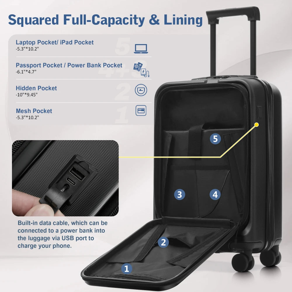 20/24/28" Hardside Front Opening Expandable Luggage Set 5PCS with Double Spinner Wheels USB Port TSA Lock