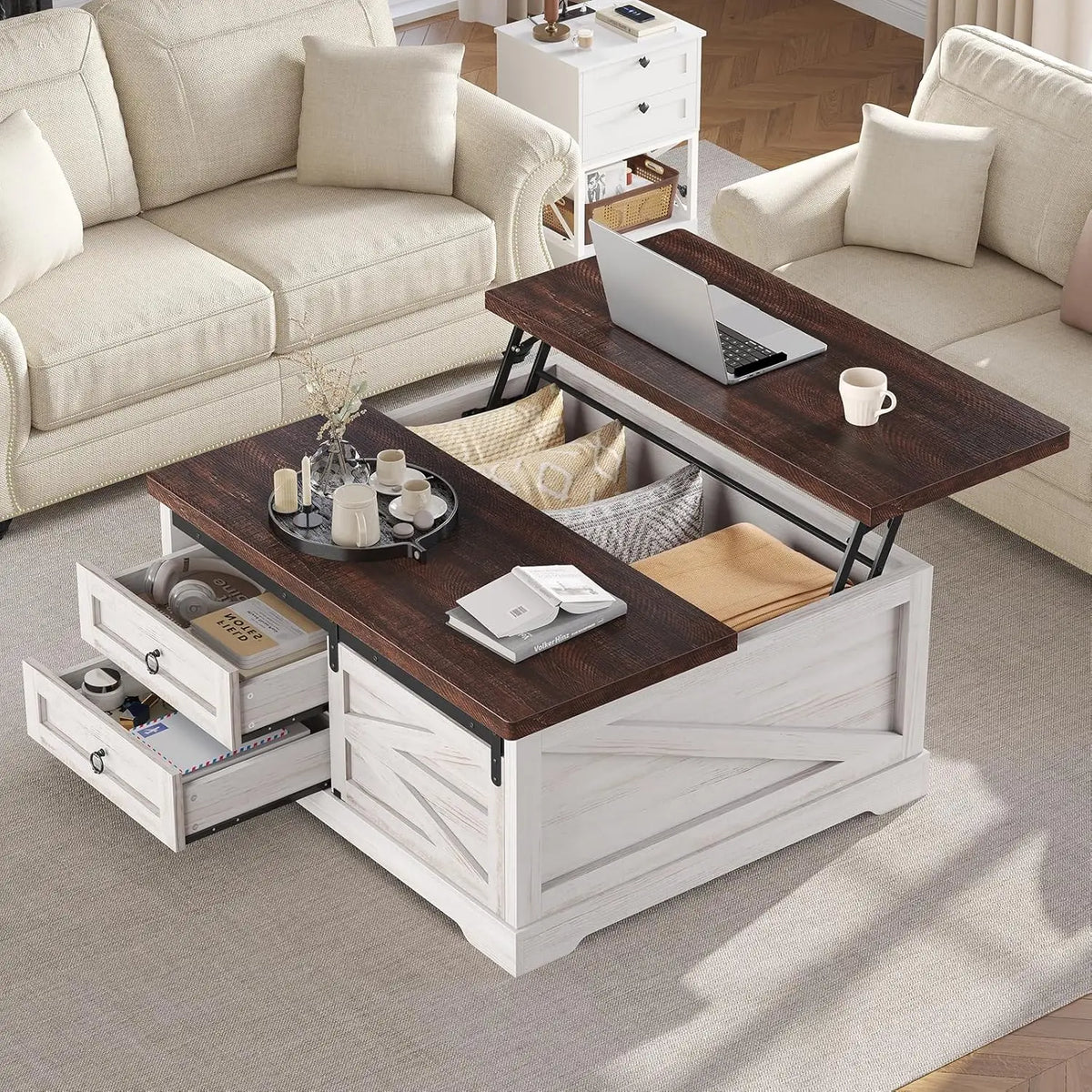 39.4in Lift Top Coffee Table Storage Hidden Compartment 2 Drawers Adjustable Shelf Living Room Gray Customized