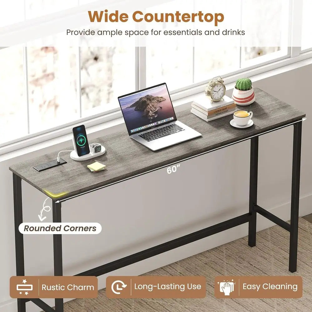 4-Piece Counter Height Bar Set with Outlet, 60 Dining Table & 3 Padded Stools, Kitchen Island Table with Upholstered Chairs for