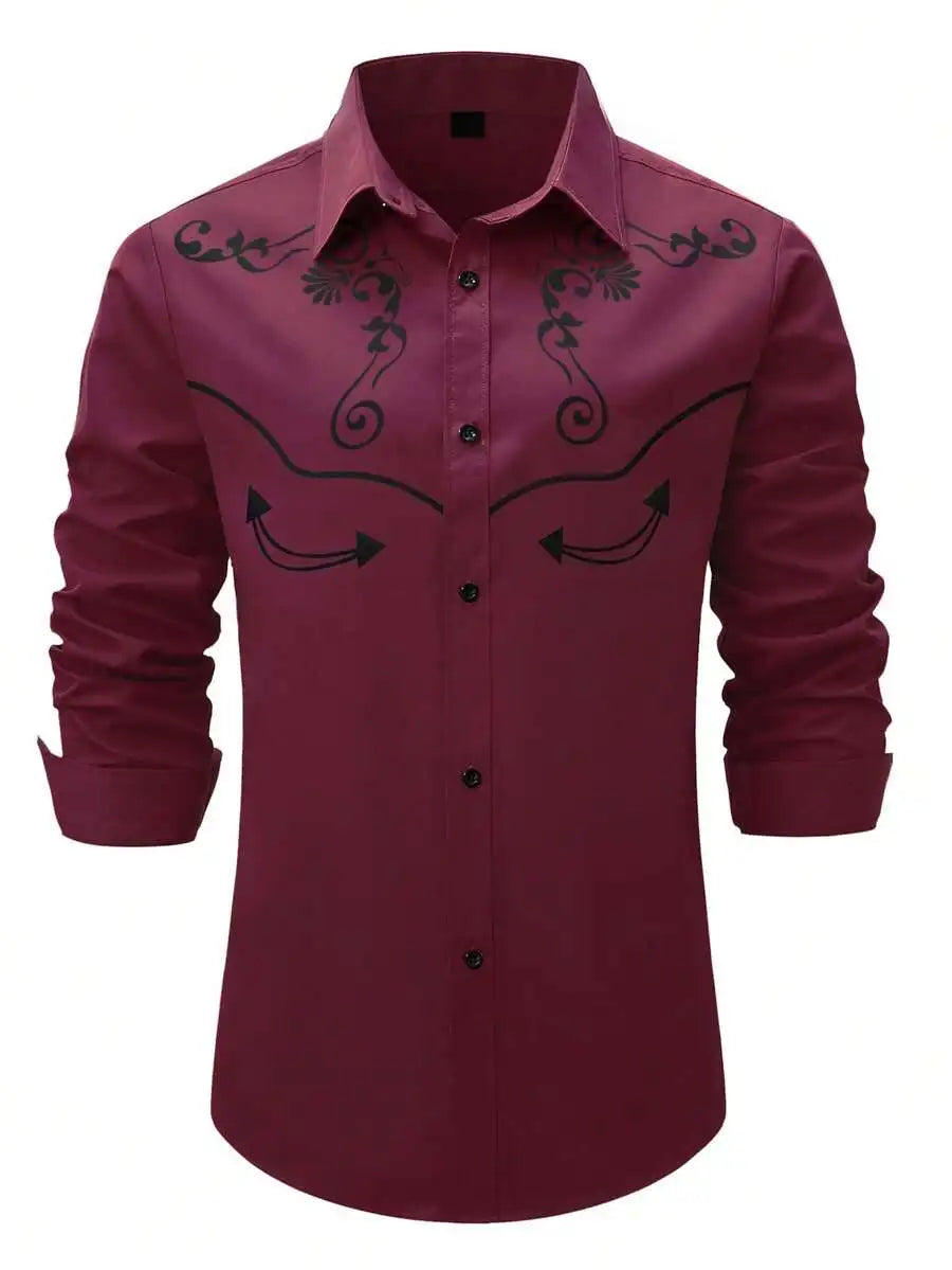 Men's Western Style Contrast Color Embroidered Yoke Shirt, Long Sleeve Casual Top