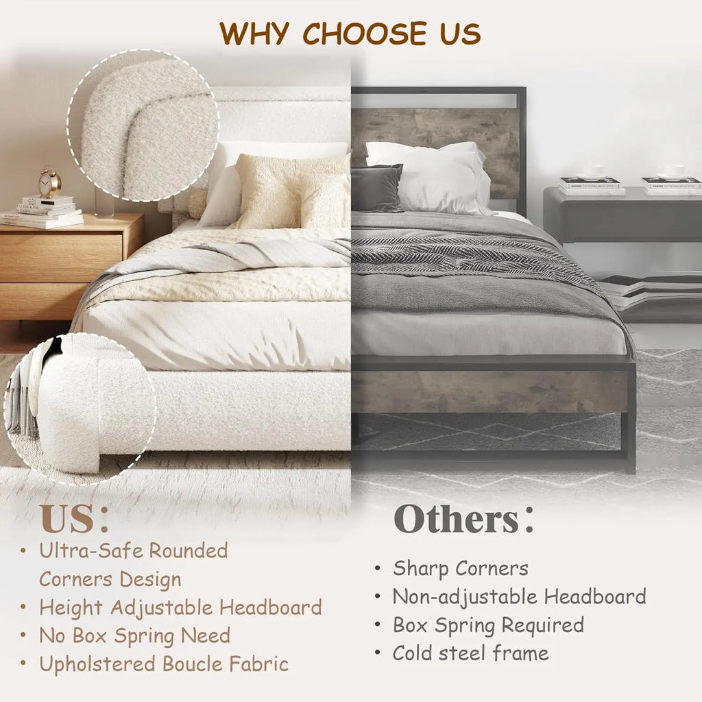 Upholstered Platform Bed Adjustable Headboard Rounded Corners Noise Free Easy Assembly White, Customized