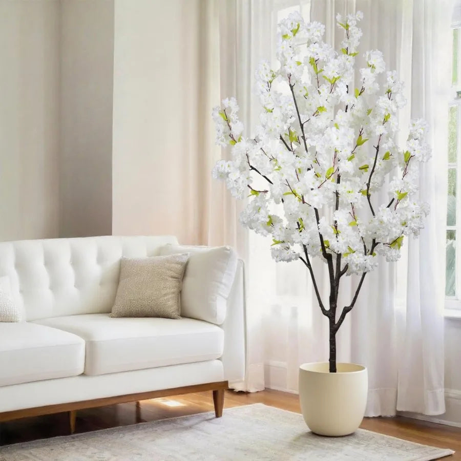 Indoor Cherry Blossoms Tree White Artificial Cherry Blossom Tree 6FT Faux Bedroom Trees for Home Decor Indoor Living Room Accen