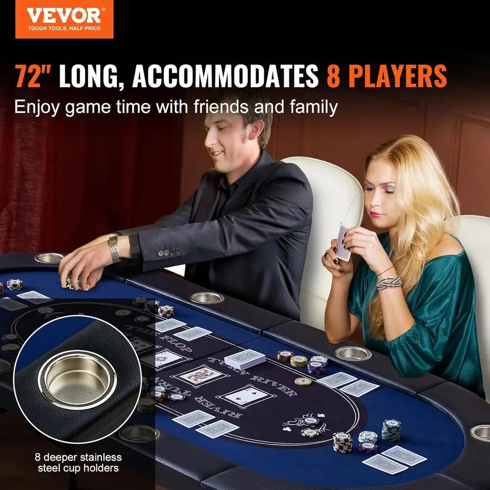 8-Player Poker Table, Portable Folding Card Game Table, Casino-Style Leisure Table with Padded Rails and Stainless Steel Cup Hol
