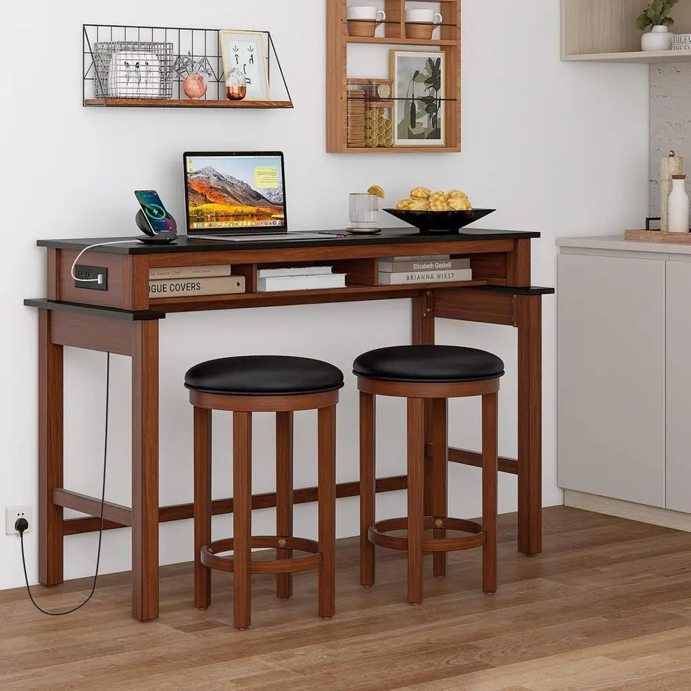 36 Counter Height Bar Table Set with 2 Upholstered Stools, Power Outlet, Ideal for Pub, Kitchen, Dining, Living Rooms, Small Spa