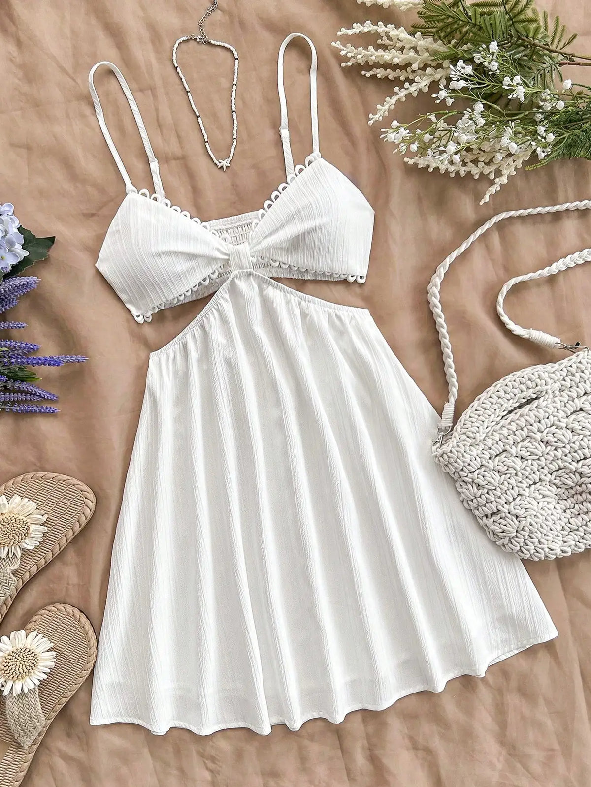 White V-Neck Strappy Hollow Waist Summer Dress for Women, Beach Vacation Style