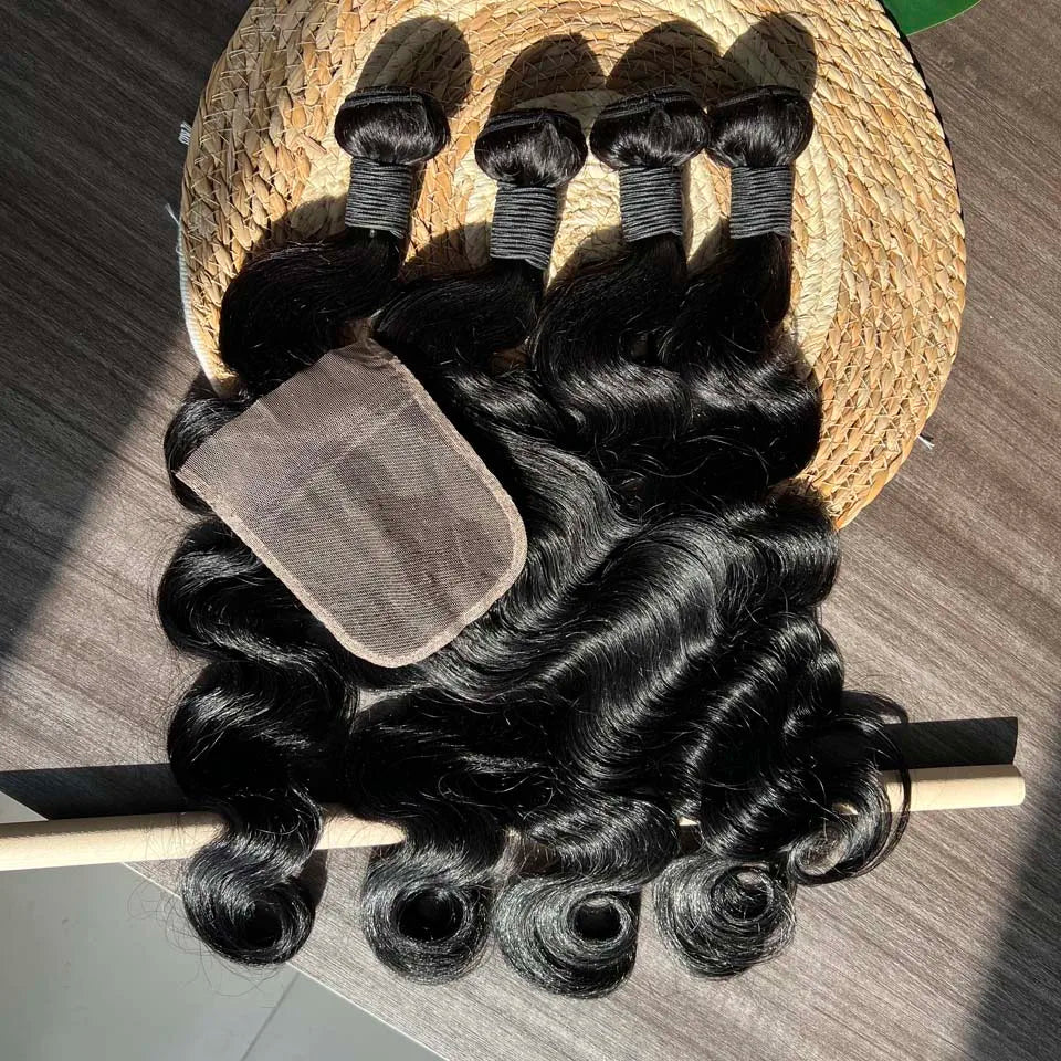 Body Wave Human Hair Bundles With 4x4 5x5 6x6 HD Closure Peruvian Hair Weave 3/4 Bundles With Lace Closure Body Wavy Human Hair