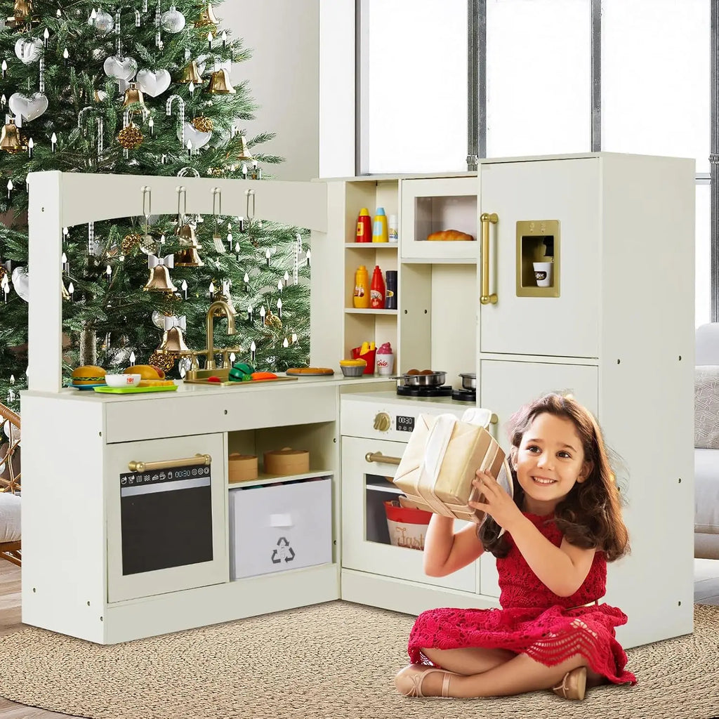 Corner Play Kitchen for Kids, Wooden Pretend Toy Kitchen, Large Toodler Cooking Playset w/Refrigerator, Stove w/Light & Sound, D