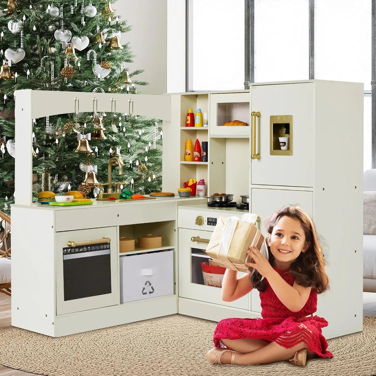 Corner Play Kitchen for Kids, Wooden Pretend Toy Kitchen, Large Toodler Cooking Playset w/Refrigerator, Stove w/Light & Sound, D