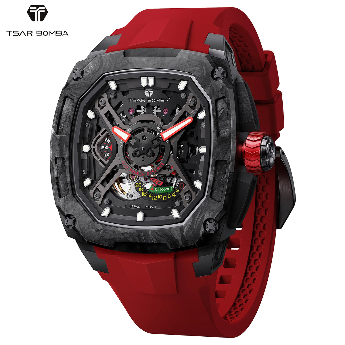TSAR BOMBA Men's Luxury Mechanical Watch, Carbon Fiber Case, Luminous, 5ATM Waterproof, Viton Strap, Ideal Gift for Men