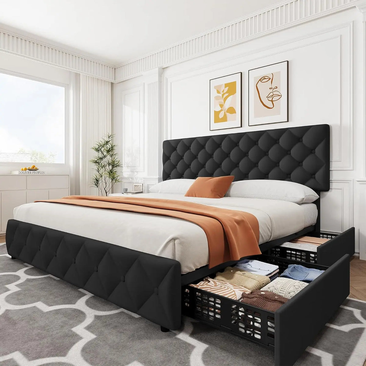 King Size Bed Frame with Storage Drawers, Adjustable Headboard, Linen Upholstered Platform Bed, No Box Spring Needed