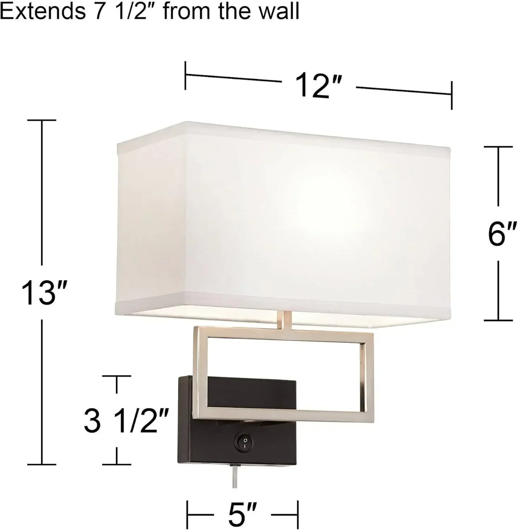 Trixie Modern Wall Lamps Set of 2 Brushed Nickel Plug-in 12" Fixture Rectangular Cotton Blend Fabric Shade for Bedroom House Rea