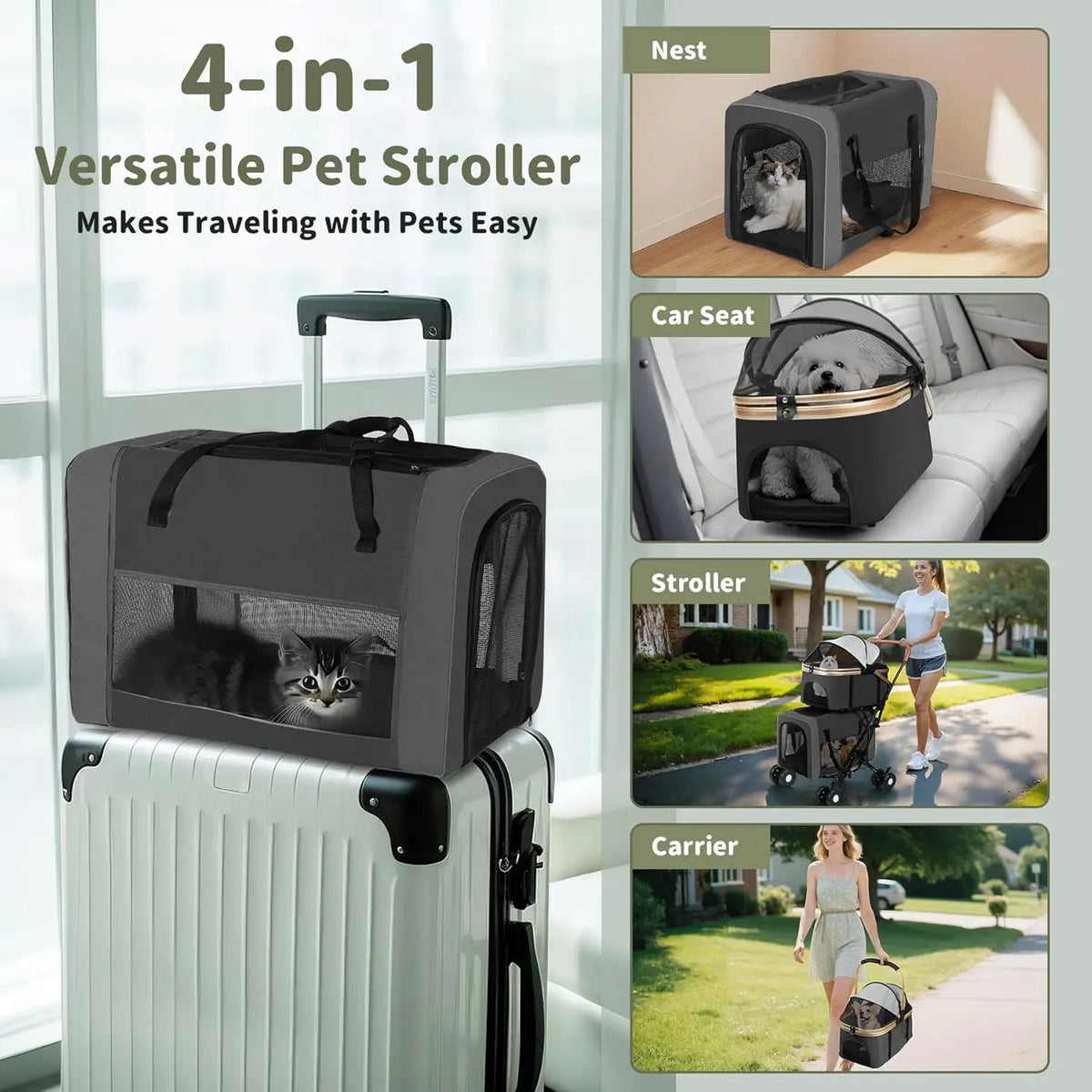 Foldable Double Pet Stroller for Dogs & Cats with Detachable Carriers, Safety Belts, 4 Lockable Wheels - Ideal Multi-Pet Home
