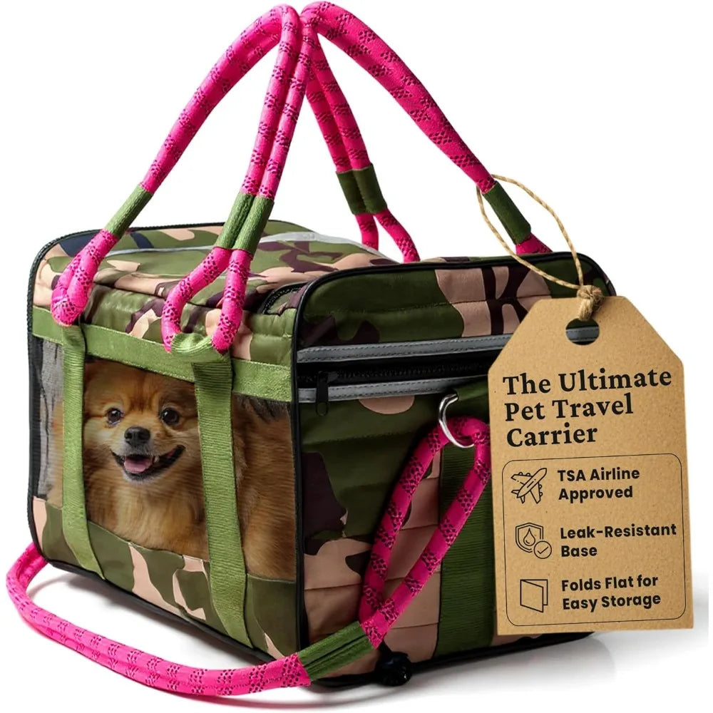 Soft Sided Pet Carrier, Cat Carrier, Dog Carrier, Pets Up to 15 lbs, Leash & Luggage Strap, Camo Pin
