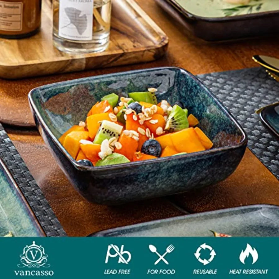 Stern Green Dinner Set- Square Reactive Glaze Dish Set- 16 Pieces Kitchen Dinnerware Stoneware Crockery with Dinner Plate Desse