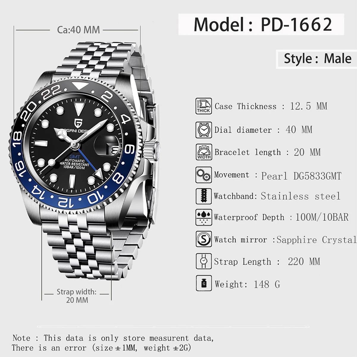 PAGANI DESIGN New Men's Watch GMT Mechanical Wristwatch 40mm Automatic Watch for Men Stainless Steel Waterproof Watches Men