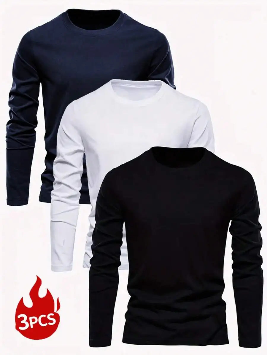 3-Pack Men's Solid Color Round Neck Slim Fit Long Sleeve T-Shirts for Casual Daily Wear