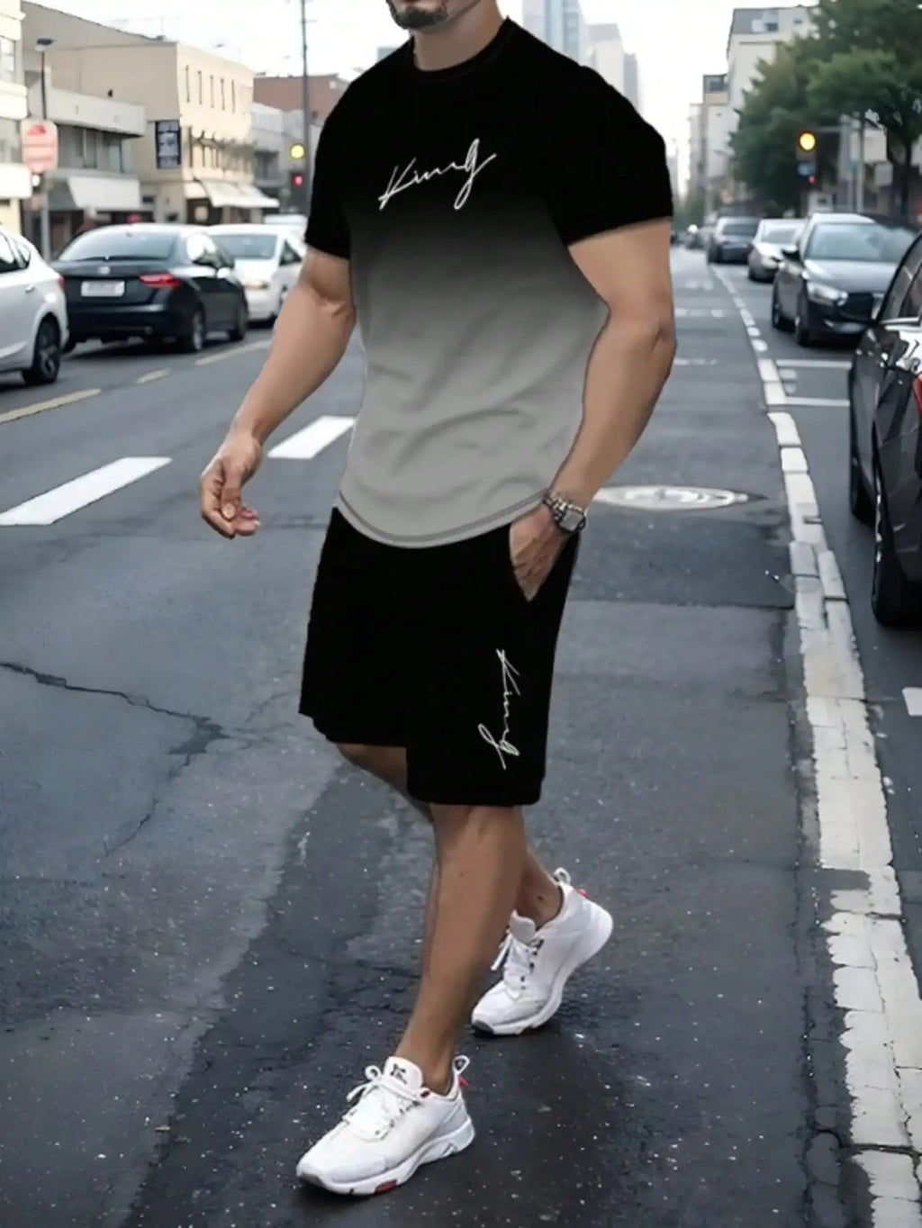 Men's Ombre Gradient Print Short Sleeve Tee & Drawstring Shorts Set
