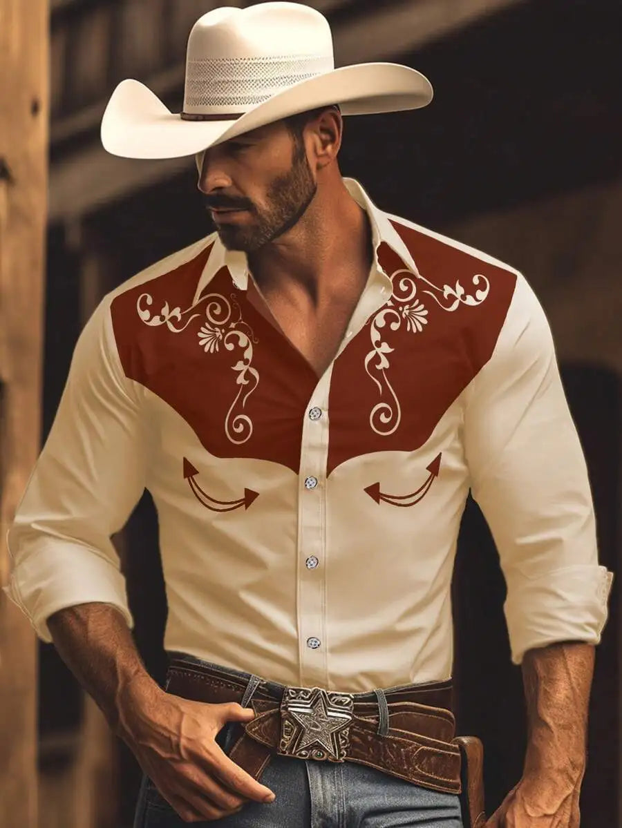 Men's Western Style Contrast Color Embroidered Yoke Shirt, Long Sleeve Casual Top