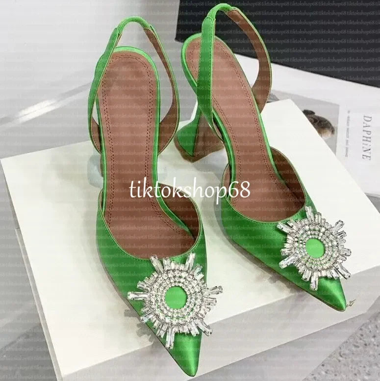 Amina muadii heels designer sandals womens wedding dress shoes satin pointed slingbacks bowtie pumps crystal sunflower flower hi